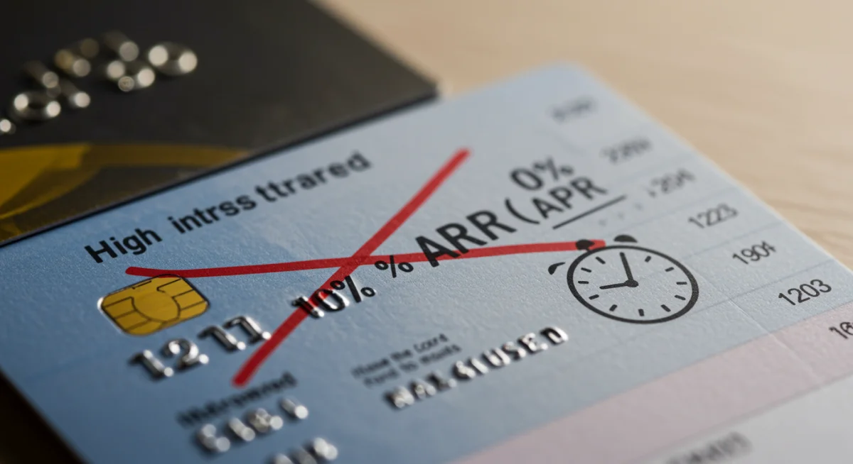 Credit card statement with high interest crossed out and 0% APR savings highlighted.