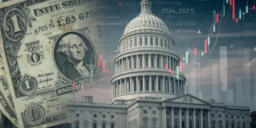 Financial charts and graphs representing the 2025 budget's impact on US national debt and investment, with the Capitol building in the background.