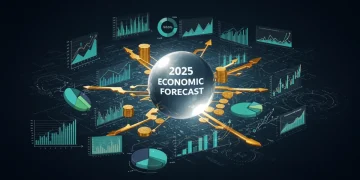 Illustration of economic data, charts, and a crystal ball forecasting 2025 economy.