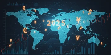 Global trade routes converging on financial market charts for 2025, symbolizing policy impact.