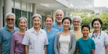 Diverse people smiling in front of modern healthcare facility with digital interface overlay, representing 2025 healthcare directives and updated coverage.
