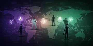 Dynamic visual illustrating the 2025 job market with symbols for healthcare, technology, and renewable energy.