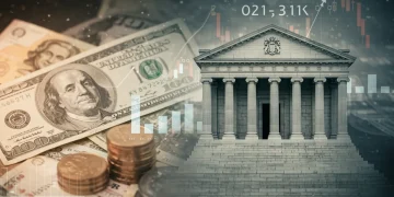 Central bank building with financial charts and currency, representing 2025 monetary policy shifts impact on savings and investments.