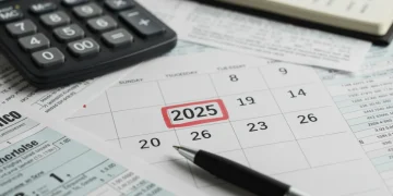 2025 calendar with tax documents and calculator for financial planning