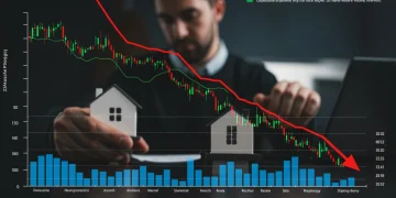 Graphic illustrating a potential 7% price correction in the 2025 US housing market, with downward arrows and financial charts.