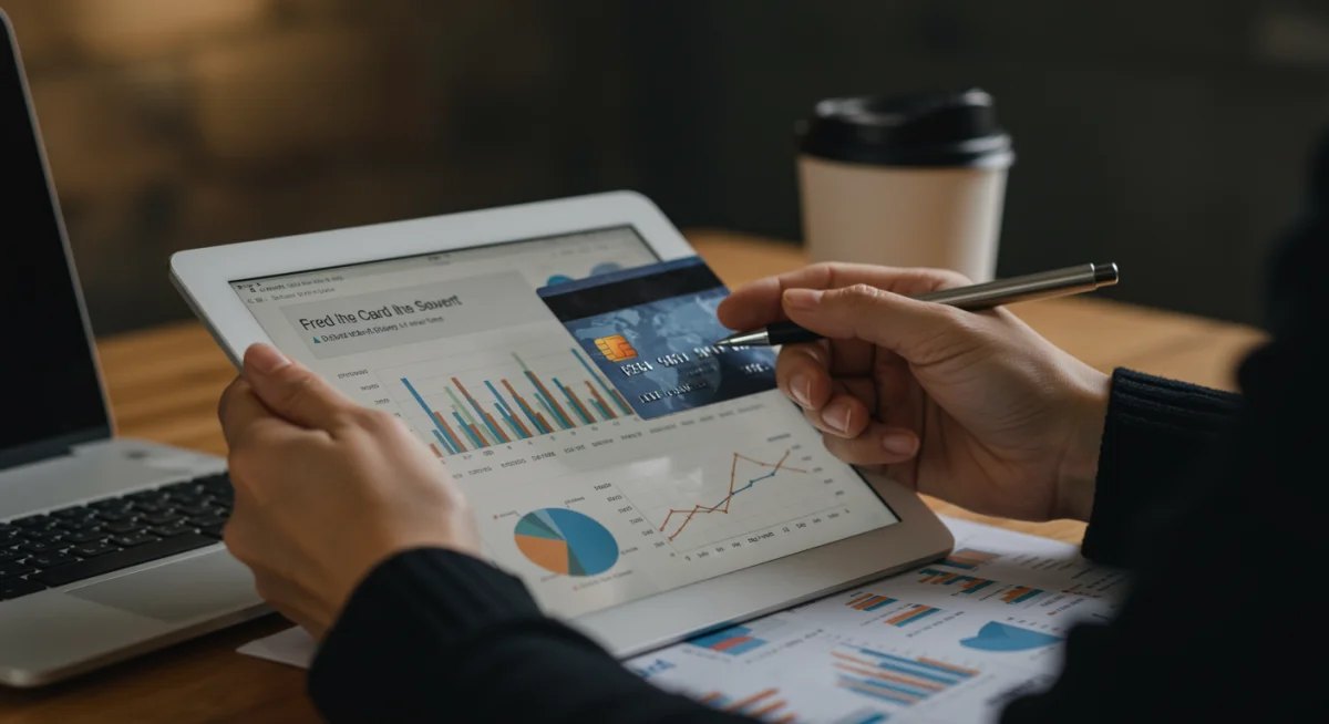 Individual analyzing credit card statement for fee waivers and financial optimization