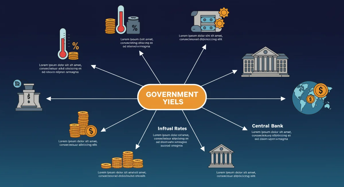 Infographic showing factors influencing government bond yields and investor considerations.