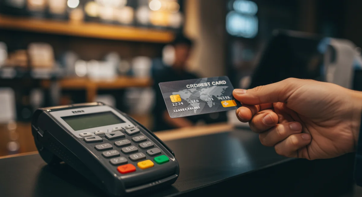 Hand making a payment with a business credit card at a point-of-sale terminal.