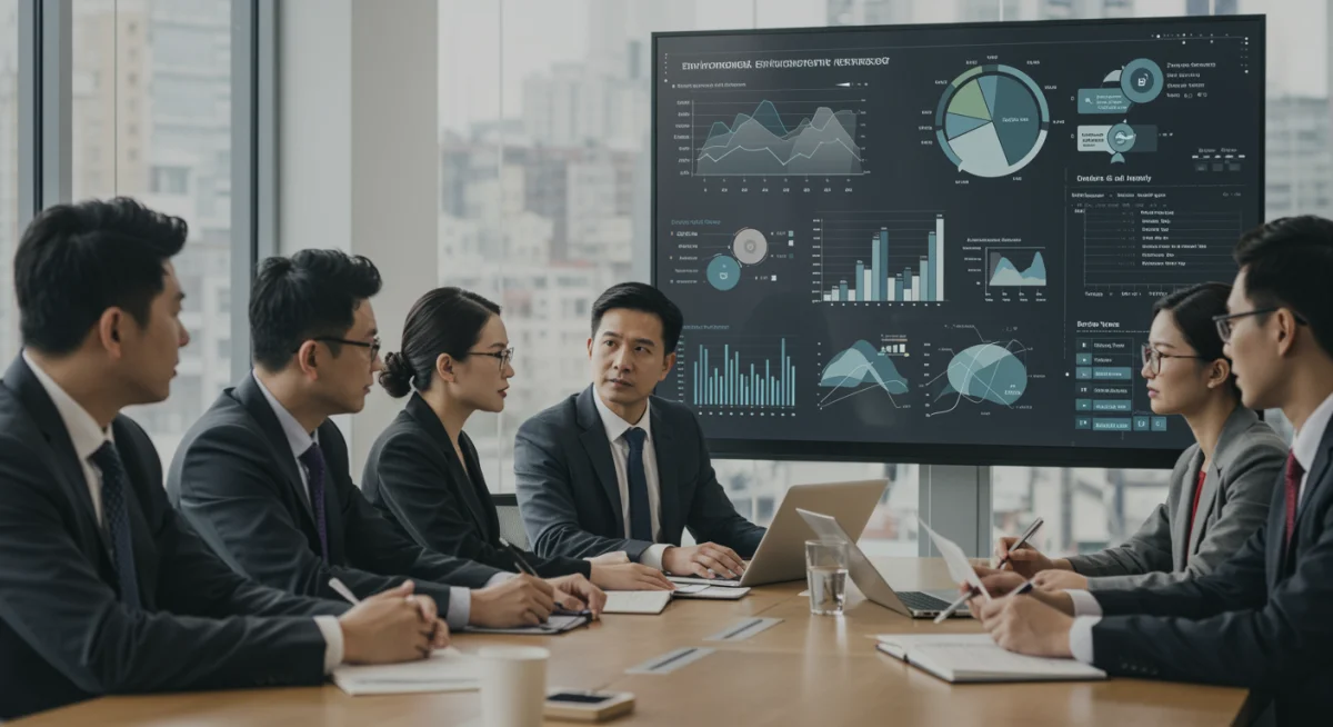 Business team collaborating on environmental impact assessment and compliance strategies in a modern office.