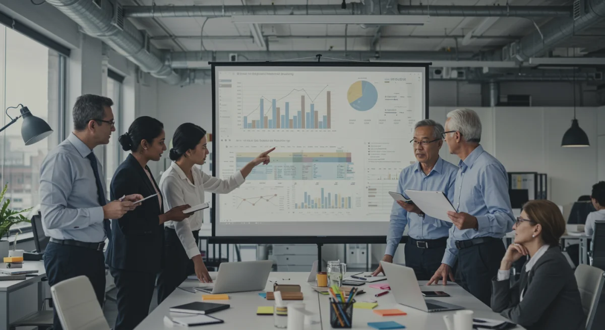Business professionals analyzing financial charts and infrastructure project timelines in a meeting.