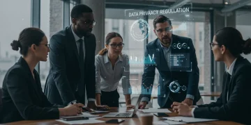 Business team reviewing federal data privacy mandates compliance dashboard