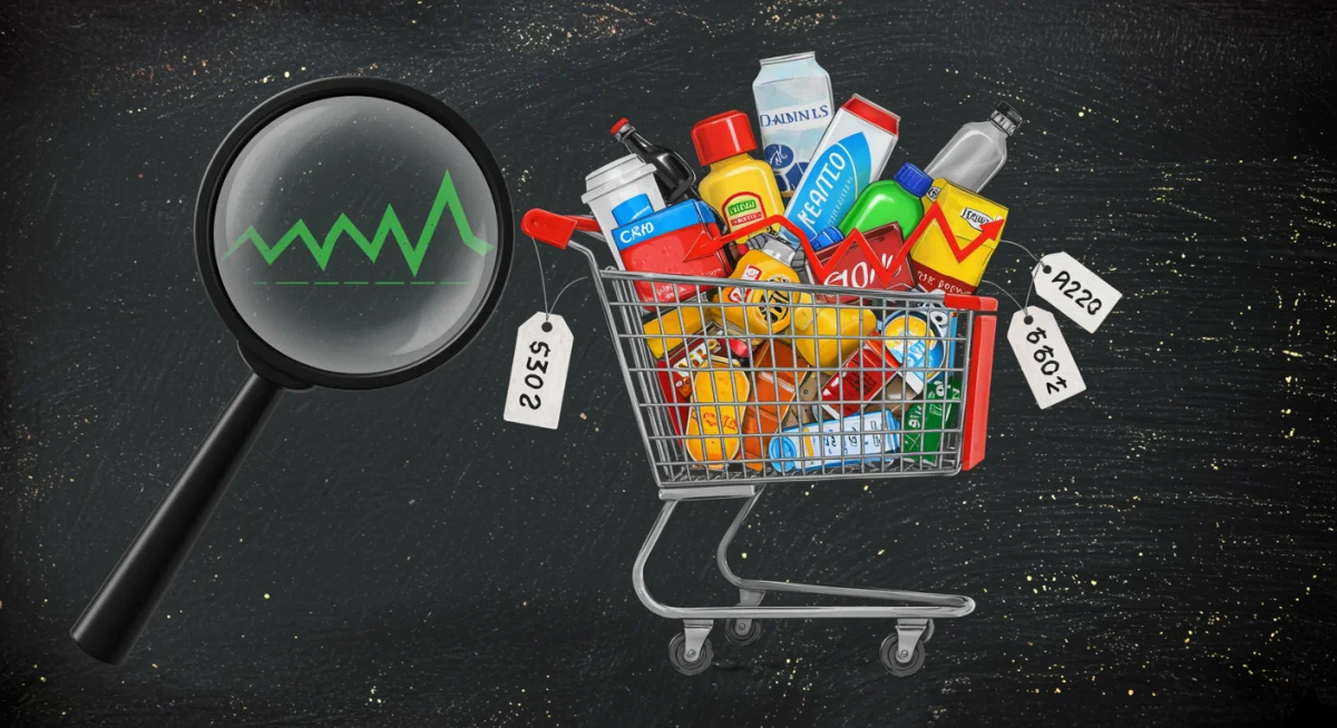 Shopping cart with diverse consumer goods, illustrating the basket of goods used for CPI calculation.