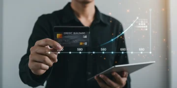 Illustration of a person successfully building credit from a low score to a good score with a credit card.