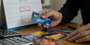 Thoughtful individual considering multiple credit cards and a calendar for early 2025 balance transfer offers.