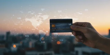 Hand holding a credit card with digital financial data overlay