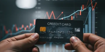 Credit card with rising financial charts, representing Federal Reserve rate hikes and increased payments.