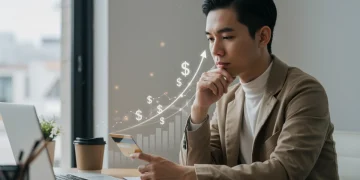 Thoughtful person examining credit card amidst rising interest rate graphics