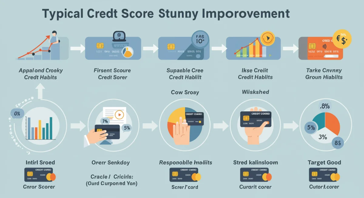 Infographic illustrating credit score improvement steps and timeline from below 600 to 680.