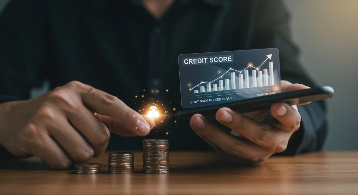 Person checking credit score on phone with secured credit card and coins, showing financial progress