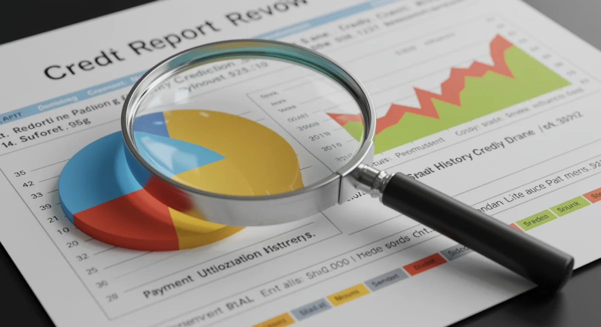 Detailed credit report with magnifying glass focusing on sections
