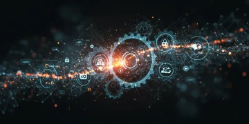 Complex digital supply chain network with gears and data flows, representing 2025 regulations adaptation.