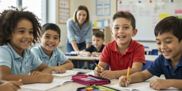 Diverse students learning in a modern classroom, symbolizing federal school funding impact