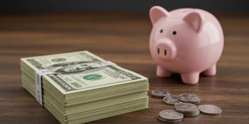 Stack of US dollar bills with a piggy bank, representing emergency savings.