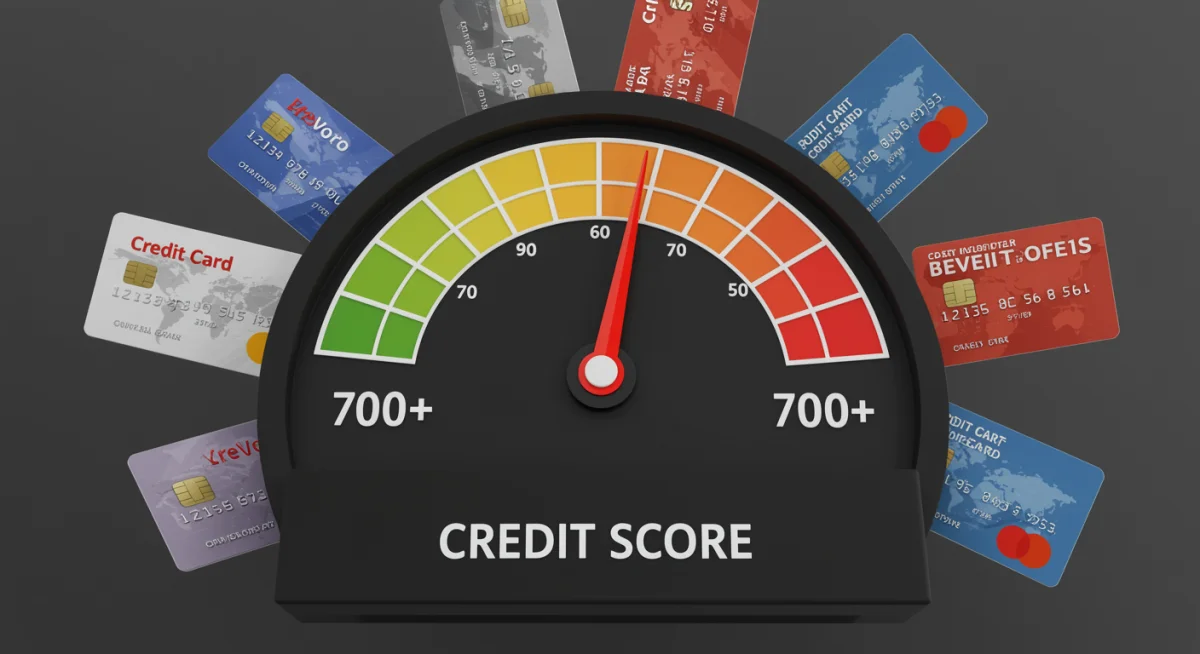 Credit score meter showing excellent range with credit card offers