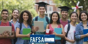 Students reviewing FAFSA documents on a college campus