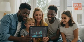 Family reviewing financial plans on a tablet in a new home