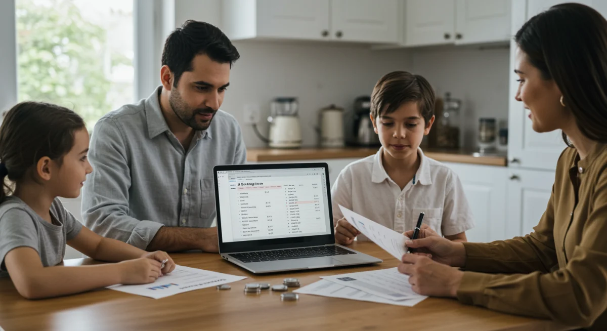 Family discussing personal finances, mortgage, and savings, illustrating interest rate impact.