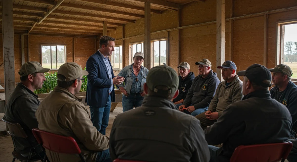 Farmers discussing agricultural policy changes with an expert