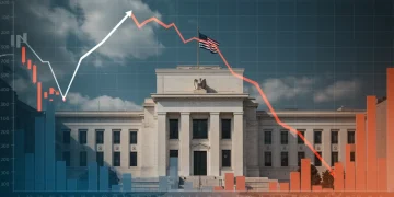 Federal Reserve building with financial charts, symbolizing interest rate changes and economic impact.