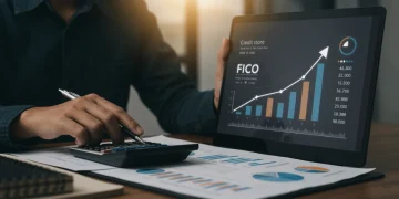 Graph showing FICO score increase with financial tools on a desk