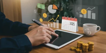 Person planning financial goals for 2025 on a tablet with growth charts