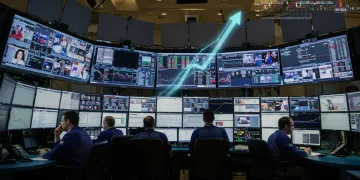 Financial professionals monitoring market data in a tense trading room, symbolizing debt ceiling uncertainty.