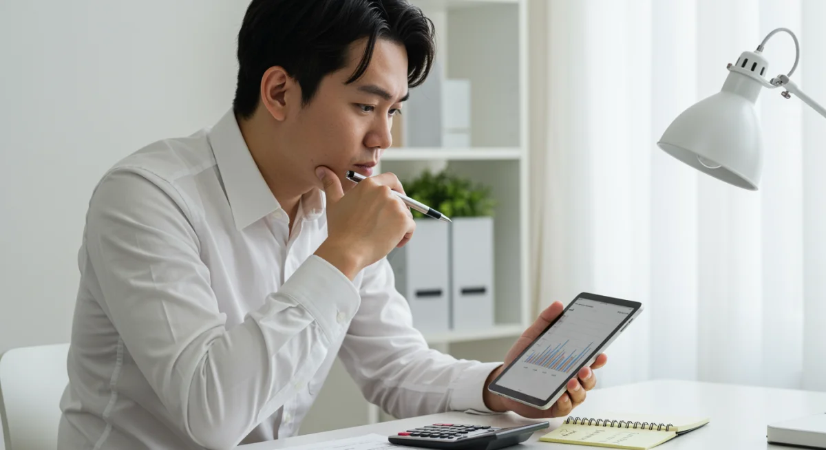 Person analyzing financial data on a tablet for savings planning.