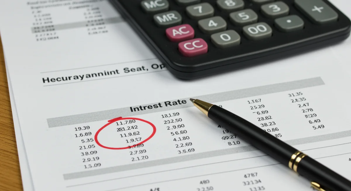 Close-up of financial statement showing interest rate with calculator