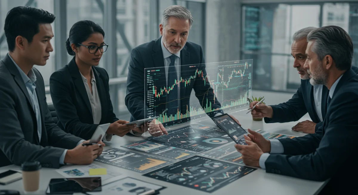 Financial team collaborating on data analytics for investment strategies.