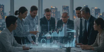 Group studying financial projections and investment data on a holographic screen in a modern office, symbolizing collaborative financial planning.