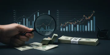 Illustration of shrinking dollar bills under a magnifying glass, representing inflation's impact on purchasing power in 2025.