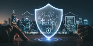 Futuristic shield protecting diverse assets, symbolizing insurance importance in 2025