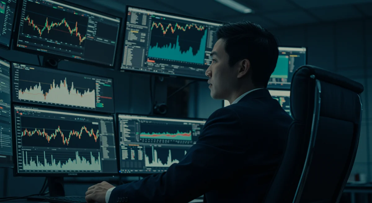 Investor analyzing financial data and market trends on multiple screens