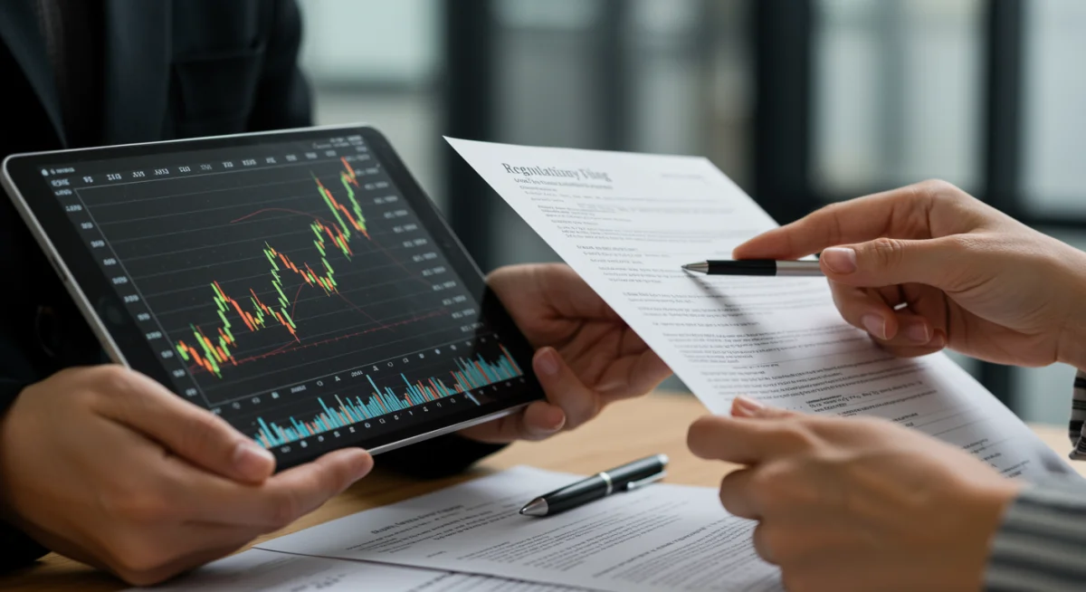 Investor analyzing stock charts on a tablet while reviewing physical SEC filing documents.