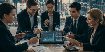 Investors analyzing financial data on a tablet for risk assessment