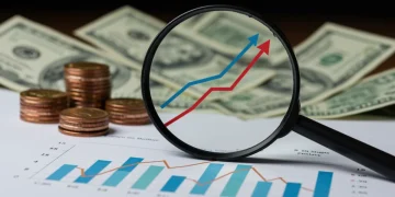 Magnifying glass examining exponential growth chart with coins and dollar bills