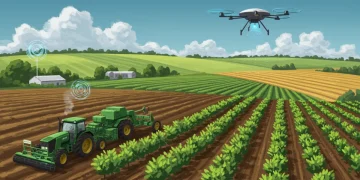 Modern farm with advanced technology, illustrating agricultural bill impact