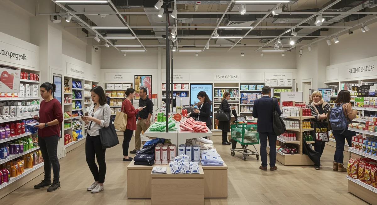 Customers engaging in a modern retail environment, showcasing evolving shopping behaviors and hybrid experiences.