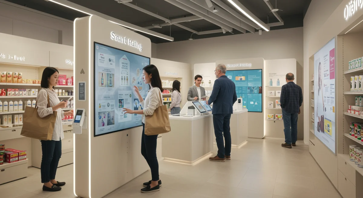 Shoppers engaging with technology in a modern retail store, representing evolving consumer experiences.