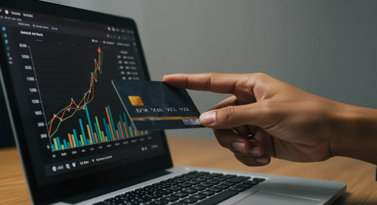 Hand holding credit card, optimizing rewards on a laptop screen.